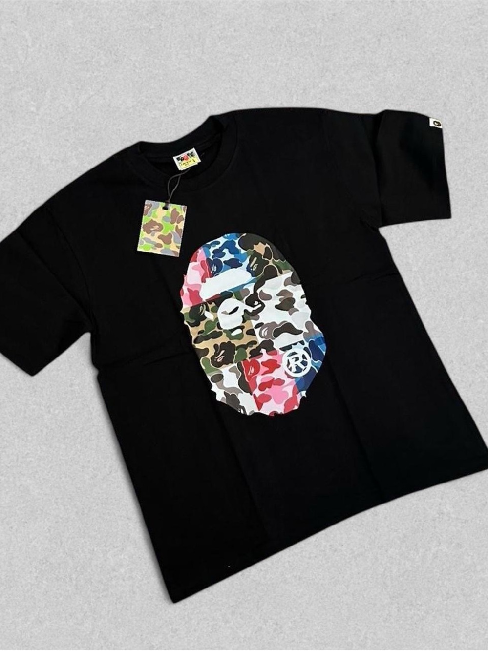 Bape Black Tee with Multicolor Camo Ape Head Graphic